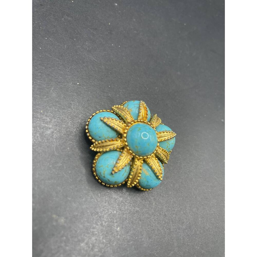 Vintage Cathe Gold Tone Faux Turquoise Cabochon Flower Brooch Pin USA Made - Picture 5 of 11